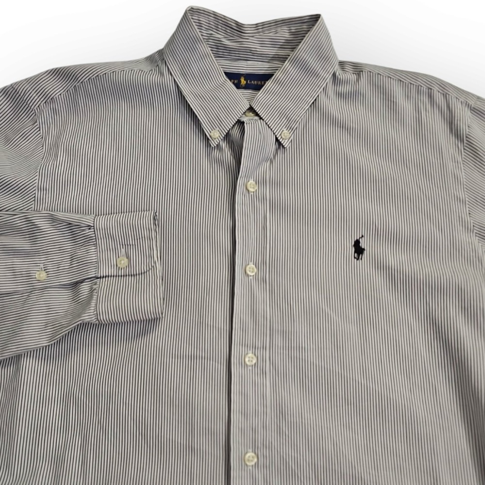 Ralph Lauren Mens Large Black and White Vertical Striped Shirt w Pony‎ Logo